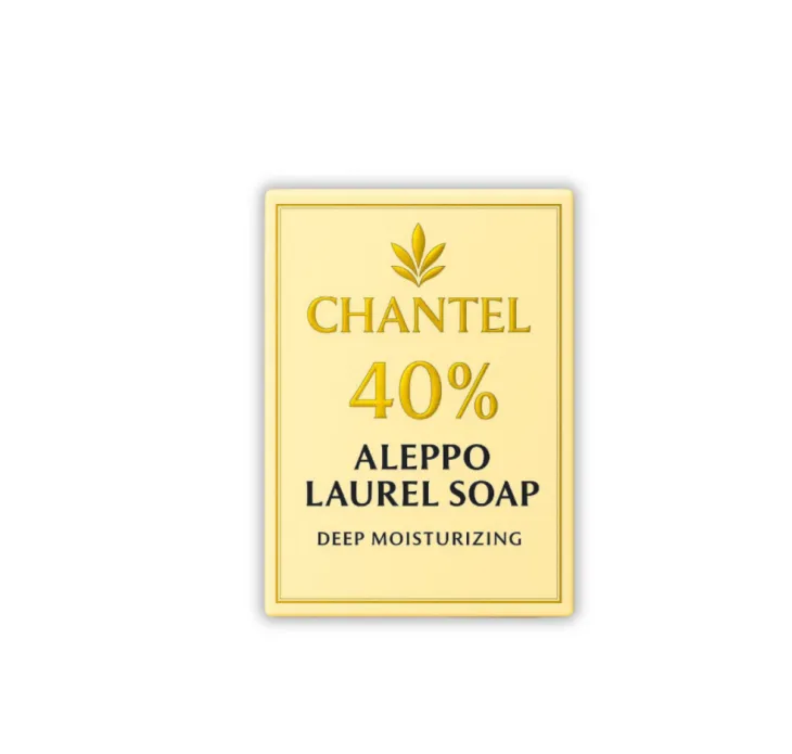 CHANTEL Aleppo Laurel Soap 40% – luxury packaging, deep moisturizing formula with 100% natural oils, made in Turkey.